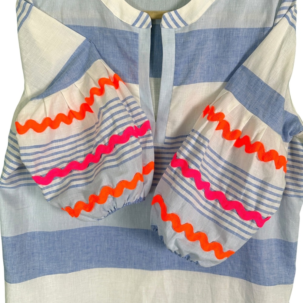 Vilagallo Tunic Dress 42 10 Blue White Stripe Linen Blend Pockets Resort Coastal - Picture 11 of 14
